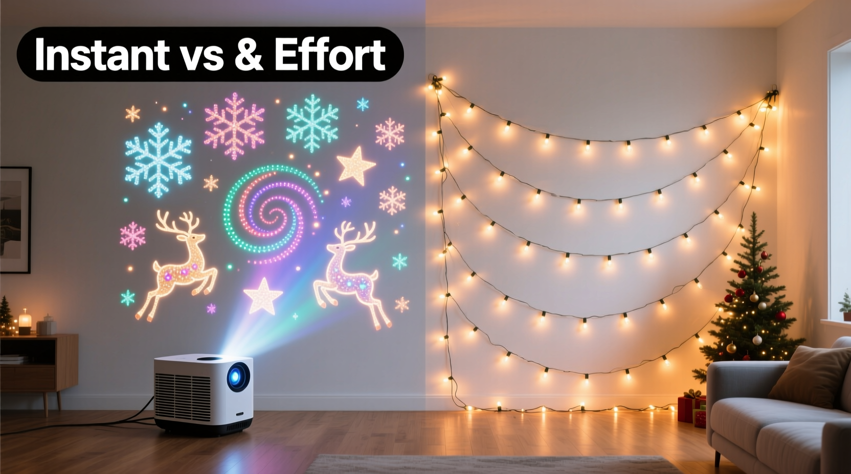 christmas light projector vs traditional string lights for quick full wall coverage