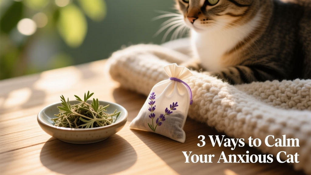 A small dish of dried catnip next to a lavender sachet and a soft cat blanket