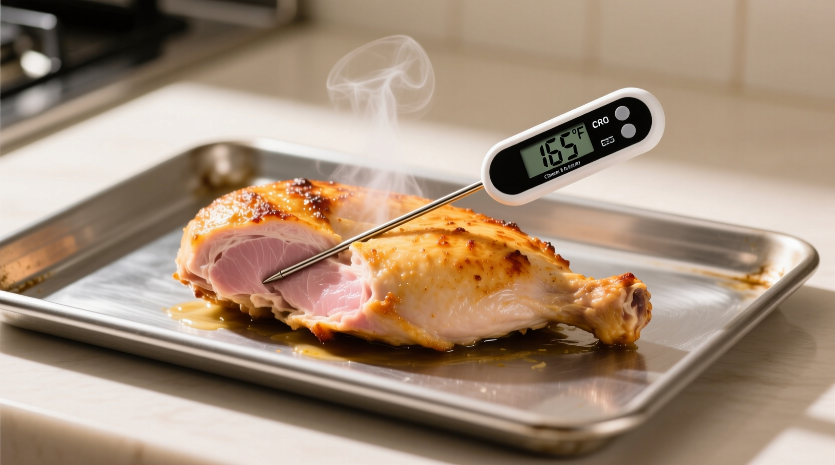 Perfectly cooked chicken breast on baking sheet with thermometer