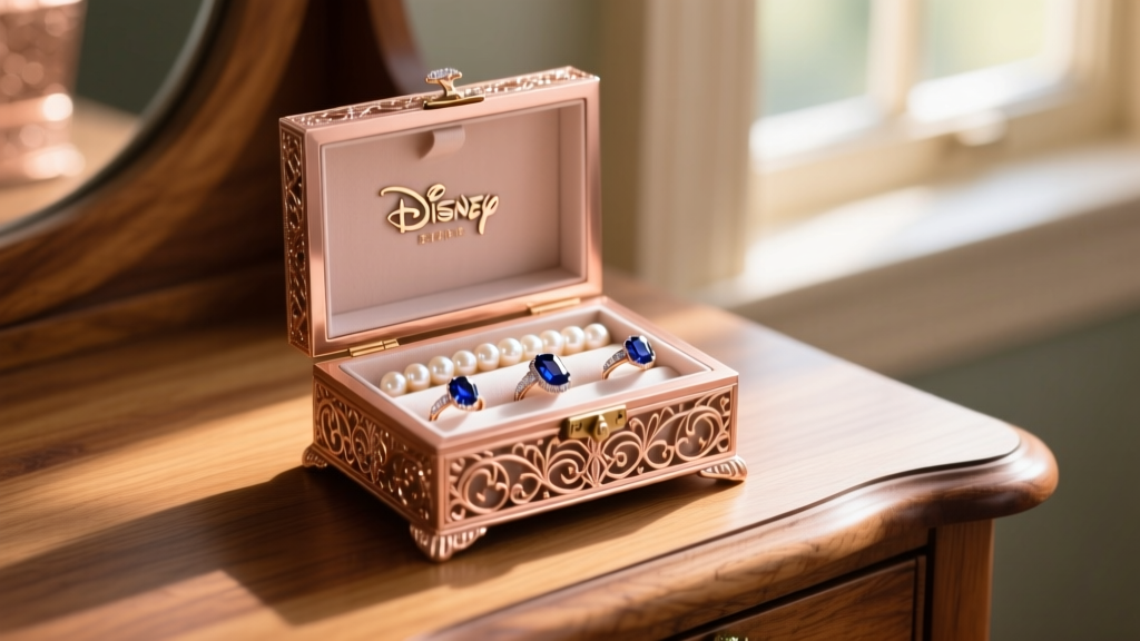 Disney Belle jewelry box with rose gold accents on a wood vanity, displaying pearls and sapphire rings in soft, warm ambient light