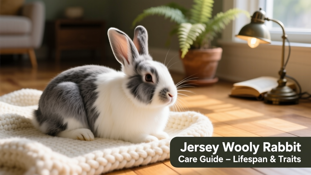 Side profile of a gray-and-white Jersey Wooly sitting calmly on a soft blanket