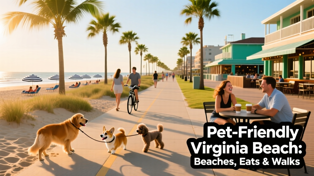 A scenic bike path running alongside the Virginia Beach Boardwalk, lined with palm trees and dotted with walkers and leashed dogs