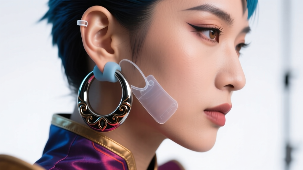 Cosplayer wearing a heavy hoop earring secured with a silicone o-ring backing and a transparent earlobe support patch