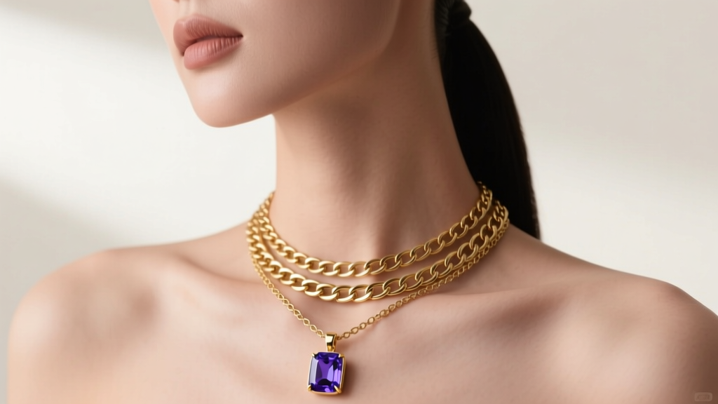Layered necklace stack with a 14k gold tanzanite pendant resting above a textured gold paperclip chain on a model's collarbone