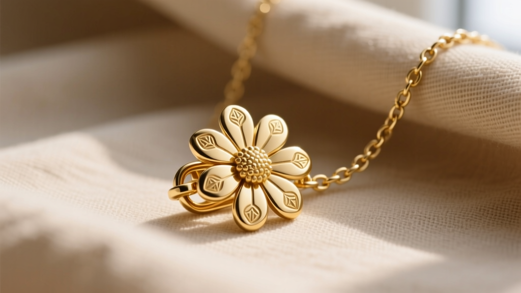 Close-up macro shot of a gold-plated brass daisy necklace clasp and chain links resting on a soft beige linen fabric background.