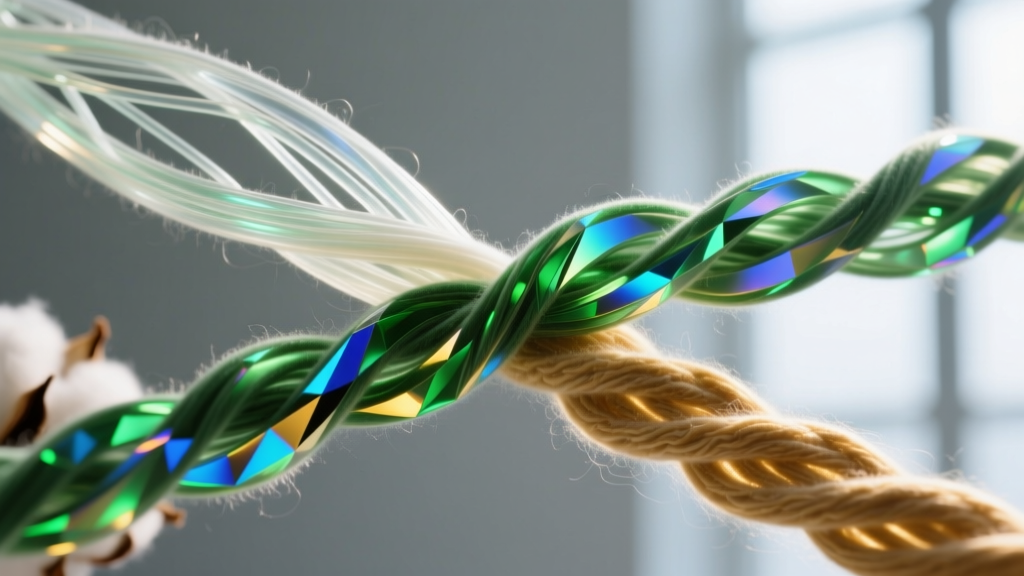 Macro photography of intertwined cotton and merino wool textile fibers under polarized light, highlighting structural differences.