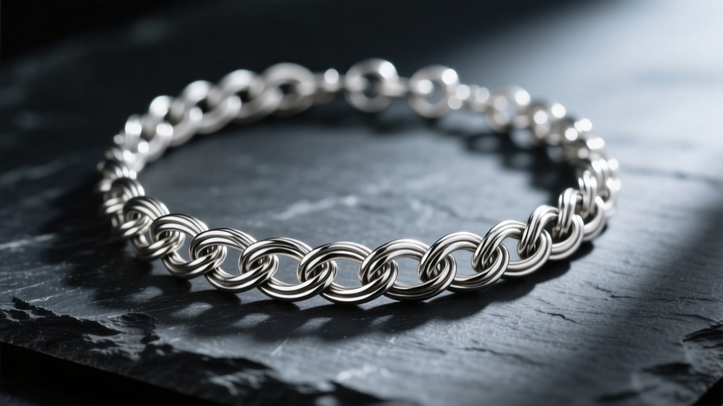 Close-up of a hand-woven sterling silver viking chain necklace on dark slate, showing the intricate tubular wire weave pattern.