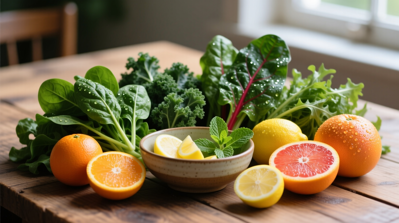 Colorful assortment of alkaline foods including leafy greens and citrus fruits