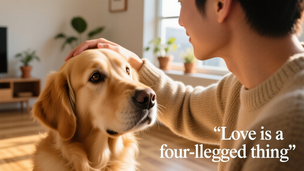 A close-up of a gentle-eyed dog gazing lovingly at their human, bathed in warm natural light