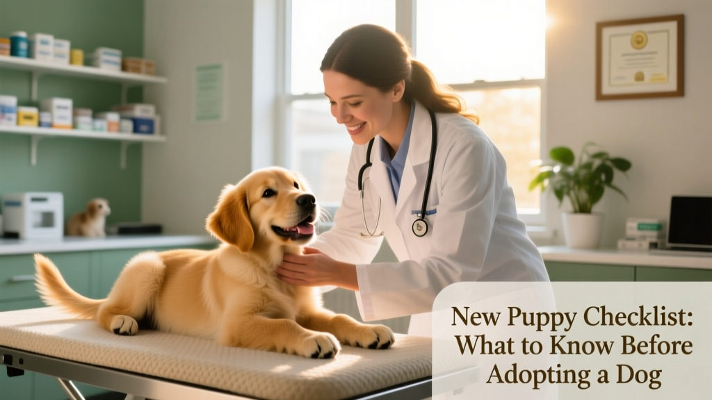 A veterinarian gently examining a happy, relaxed puppy during a wellness checkup