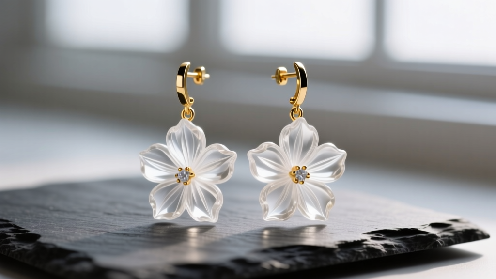 Close-up of hand-carved clear Lucite floral dangle earrings with gold-tone hinges resting on dark slate in soft natural light.