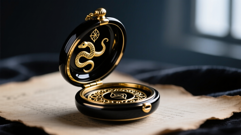 Macro shot of black enamel and gold poison tree locket, slightly open to show a hidden compartment against a moody background.