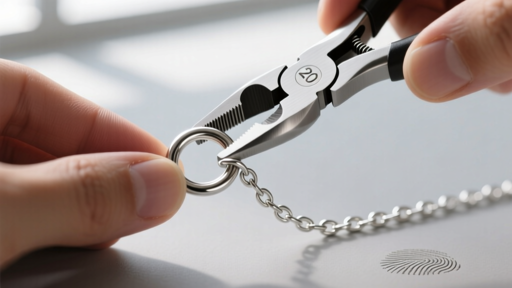 Hands using flat-nose pliers to open a 20-gauge stainless steel jump ring attached to a delicate silver cable chain link on a mat.