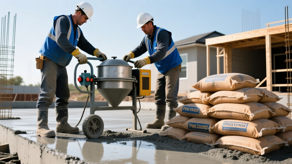 Construction workers operating a portable pan mixer next to a stack of pre-mixed concrete bags on a residential slab site