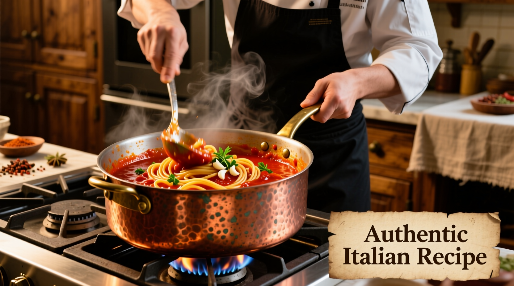 Chef stirring vibrant red pasta sauce in copper pot