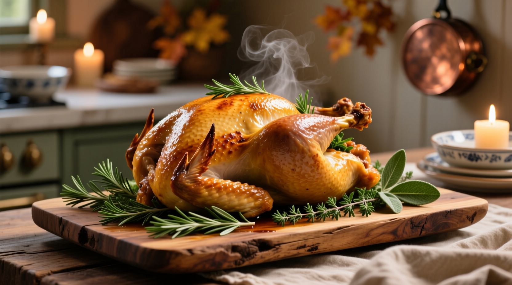 Golden roasted turkey with herb garnish on platter