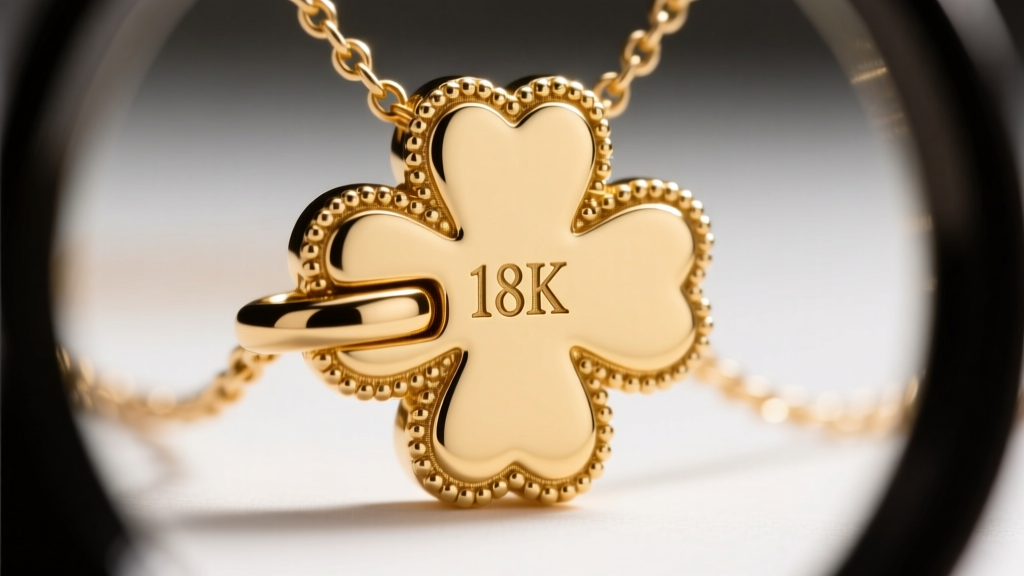 Loupe view of the milgrain detailing and hallmark stamp on the back of an 18k gold clover looking necklace chain clasp