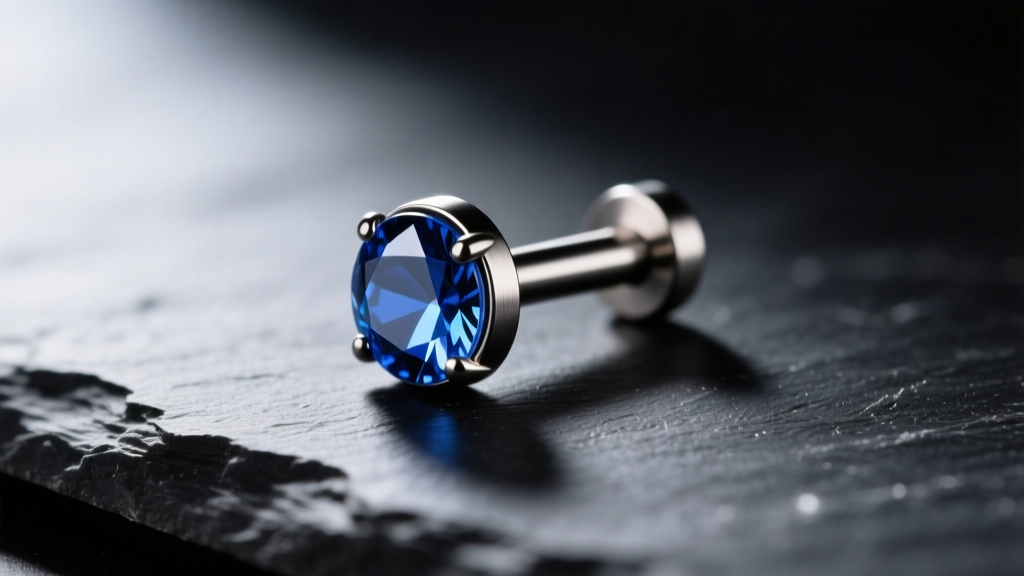 Macro photography of a 20-gauge threadless titanium labret stud with a 3mm sapphire end, resting on a dark slate surface