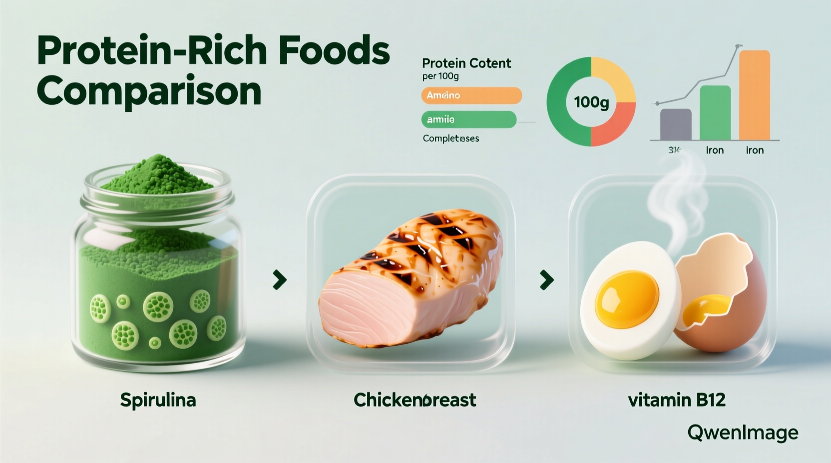 Protein rich foods comparison chart showing spirulina, chicken, and eggs