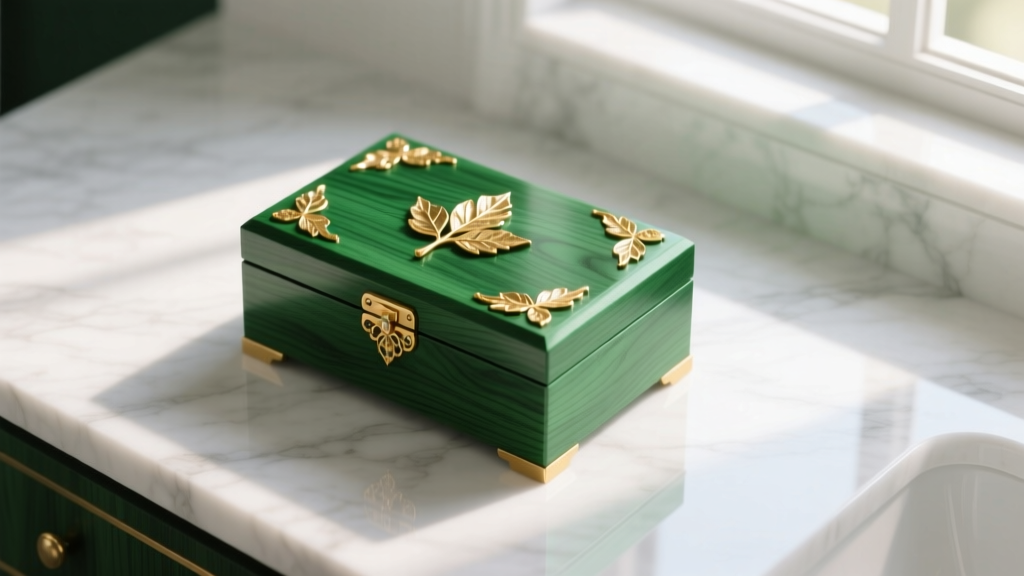 Overhead view of a painted emerald green wooden jewelry box with gold leaf accents resting on a bright white marble vanity surface.