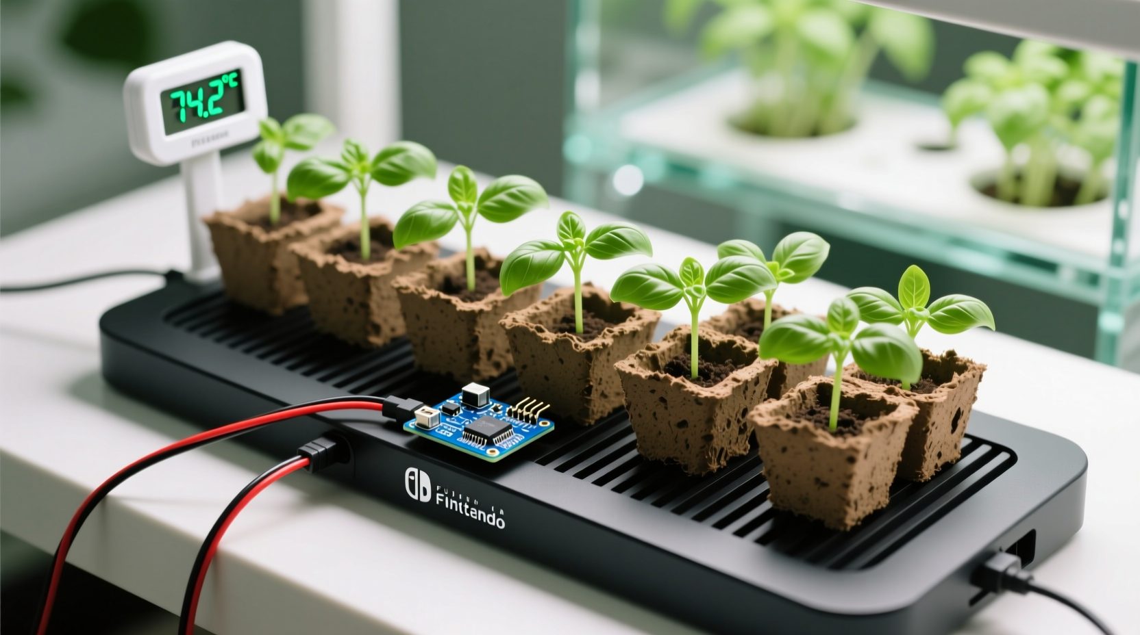 Top-down photo of a modified Nintendo Switch dock housing a slim black heating pad, wired to a tiny blue ESP32 board with a white digital thermometer display reading 74.2°F, placed beneath a row of uniform basil seedlings in biodegradable soil blocks