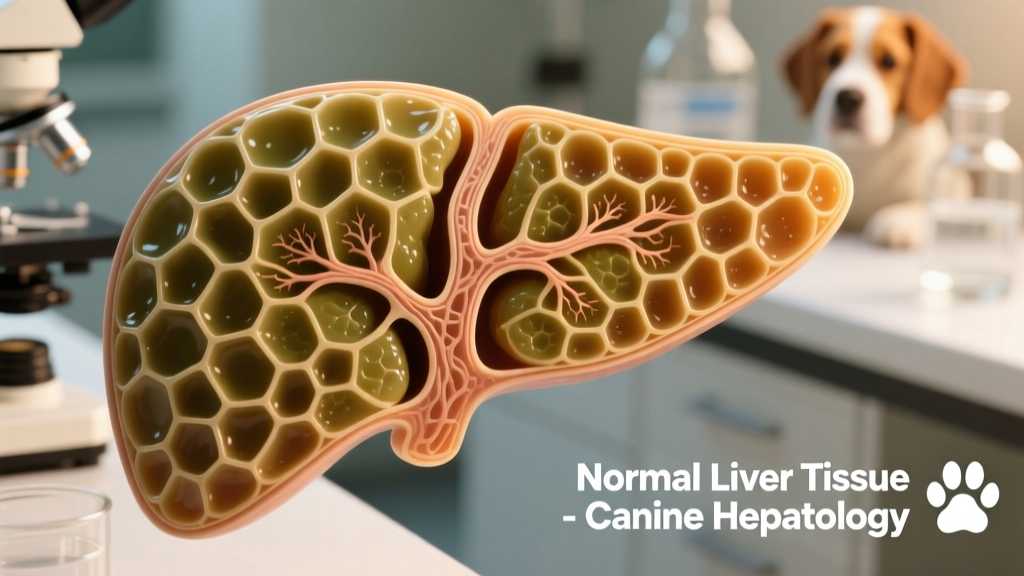 Close-up of a healthy canine liver tissue under magnification, showing normal lobular structure