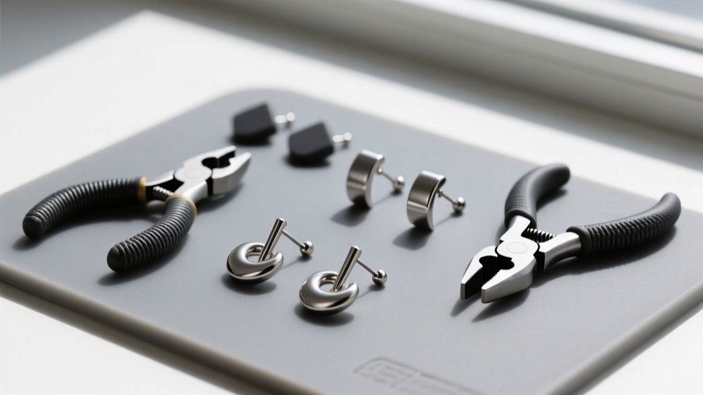 Flat lay of basic Michaels craft earrings customized with nylon jaw pliers and titanium posts on a gray silicone crafting mat.