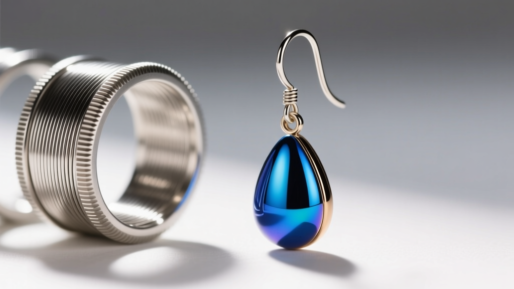 Close-up of wire gauges next to a blue anodized niobium teardrop dangle earring, highlighting the thickness of the ear wire