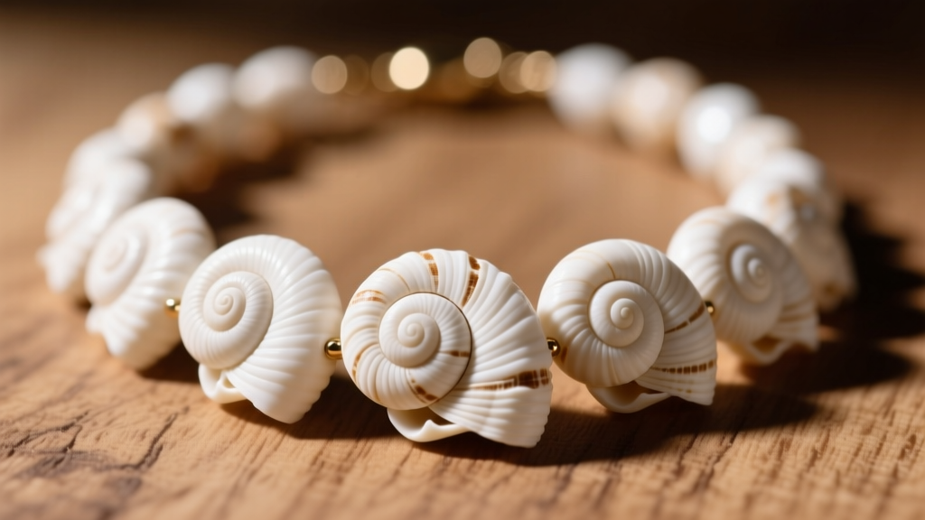 Macro view of a puka shell necklace showing natural spiral holes and matte white texture under bright studio lighting on wood