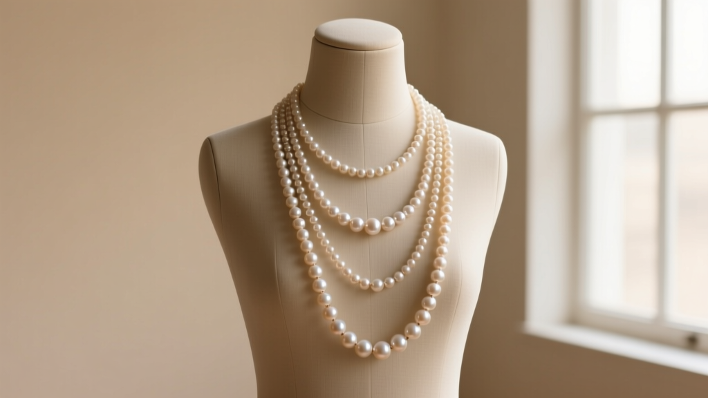 A mannequin displaying a perfectly layered three strand beaded necklace with graduated lengths and varying freshwater pearl sizes.