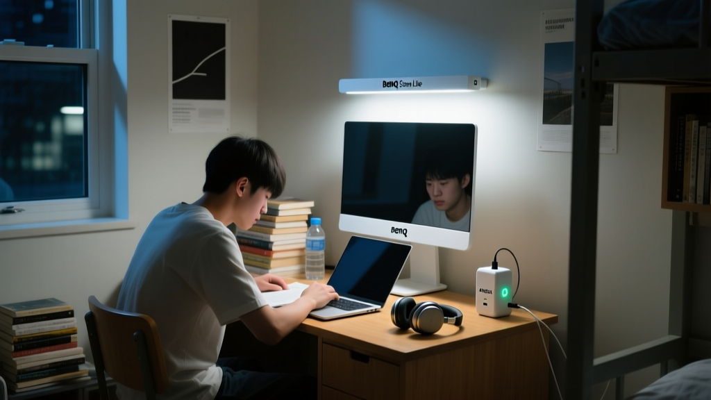 College student studying in cramped dorm room at night using BenQ ScreenBar Lite on laptop with Anker GaN charger visible