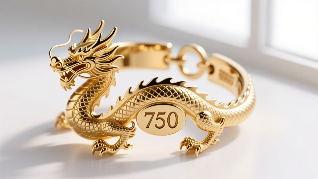 Extreme macro view of a laser-engraved 750 hallmark stamp beneath the belly of a solid gold dragon ear cuff with an omega clasp