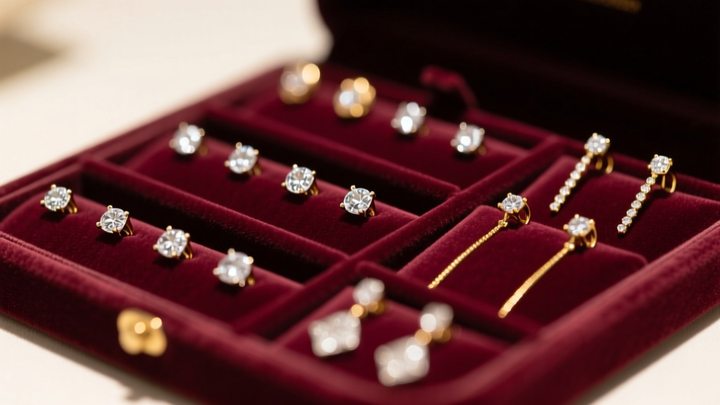 Close-up of archival velvet earring display holder slots holding diamond studs and gold threaders under soft gallery lighting.