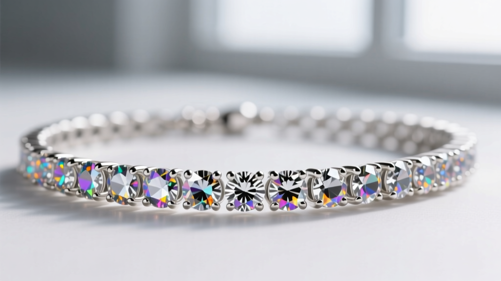Macro photography of round-cut cubic zirconia stones set in a rhodium-plated sterling silver tennis necklace prong setting.