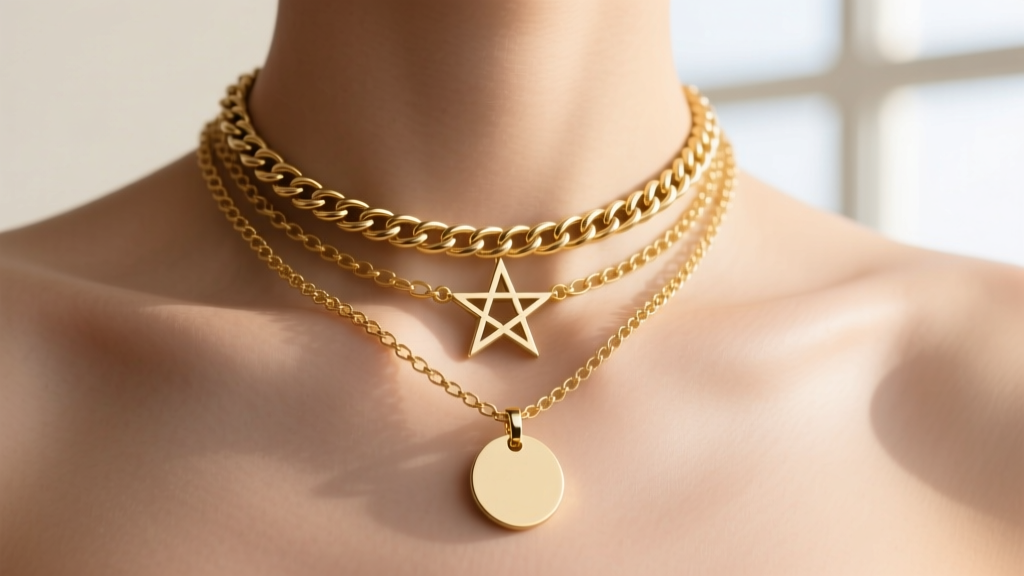 Layered gold chains with a 16-inch cable, an 18-inch pentagram charm, and a 20-inch plain disc resting on a bare collarbone.