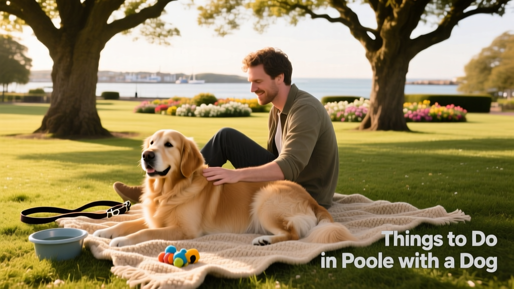 A dog and a pet parent relaxing on a blanket in a dog-friendly park in Poole.