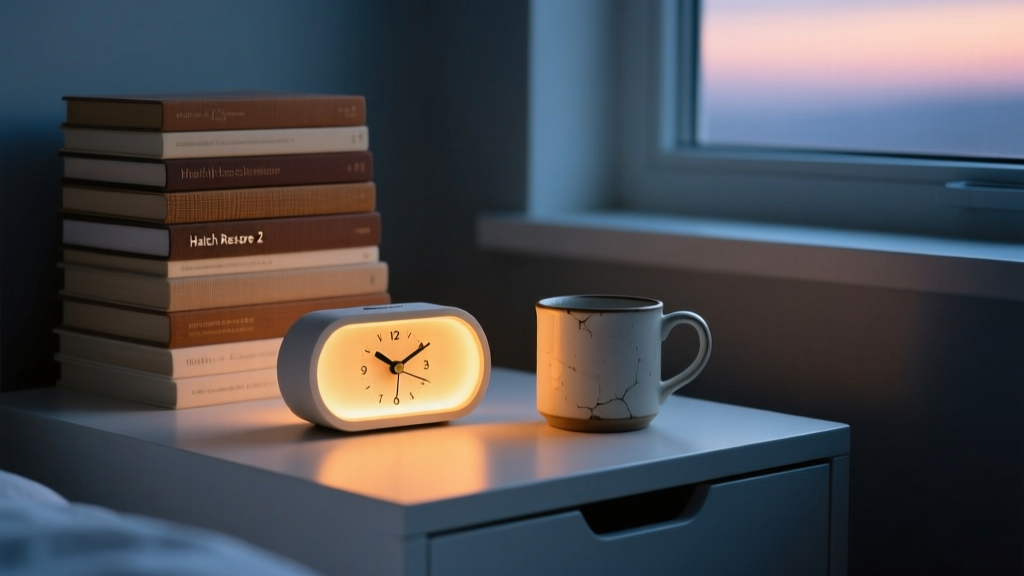 Nightstand showing Hatch Restore 2 smart alarm clock glowing warm amber light next to ceramic mug and stack of wellness books at dusk