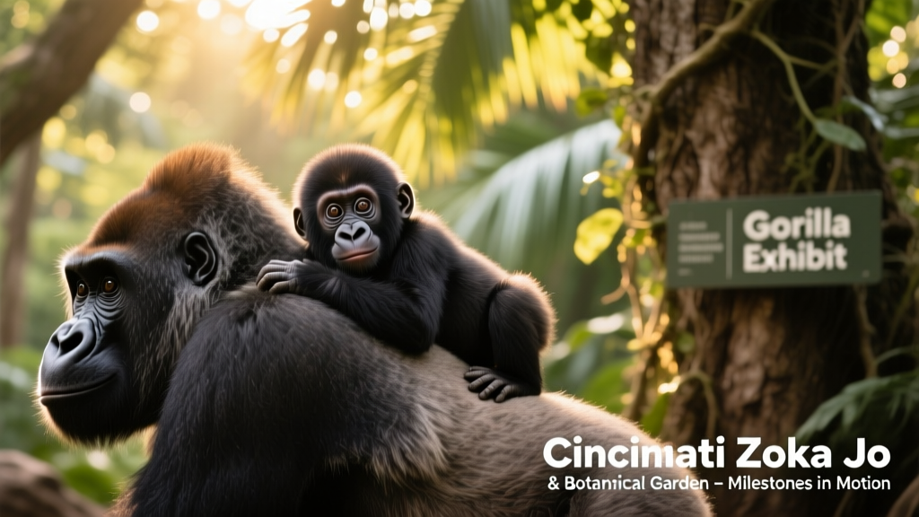 Mboka Jo gently resting on his mother’s back in the zoo’s lush, shaded gorilla habitat, both gazing peacefully toward the camera