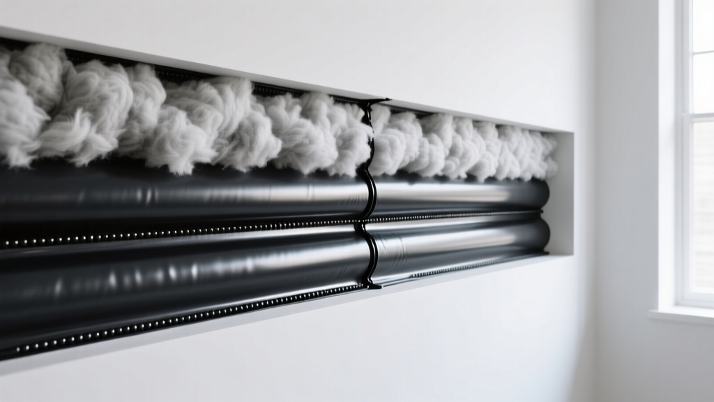 Cross-section of a modern interior wall revealing dense mineral wool insulation, mass loaded vinyl, and acoustic sealant used for professional soundproofing