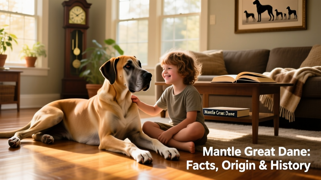 A young Mantle Great Dane resting peacefully beside a child on a sunlit living room floor, highlighting their gentle nature and strong bond with humans