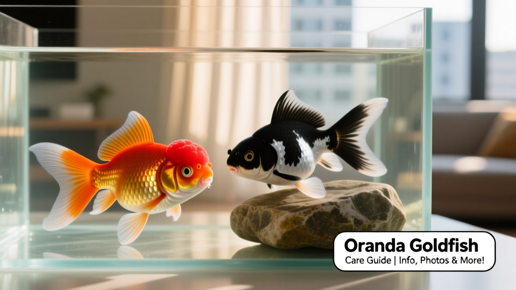 Two vibrant Oranda goldfish—a red-cap and a black-and-white calico—resting near a smooth rock in a clean, well-lit aquarium