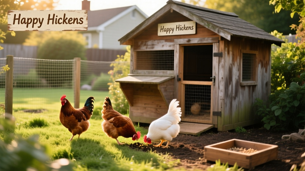 A small, well-maintained backyard chicken coop with a secure outdoor run and chickens pecking in grass