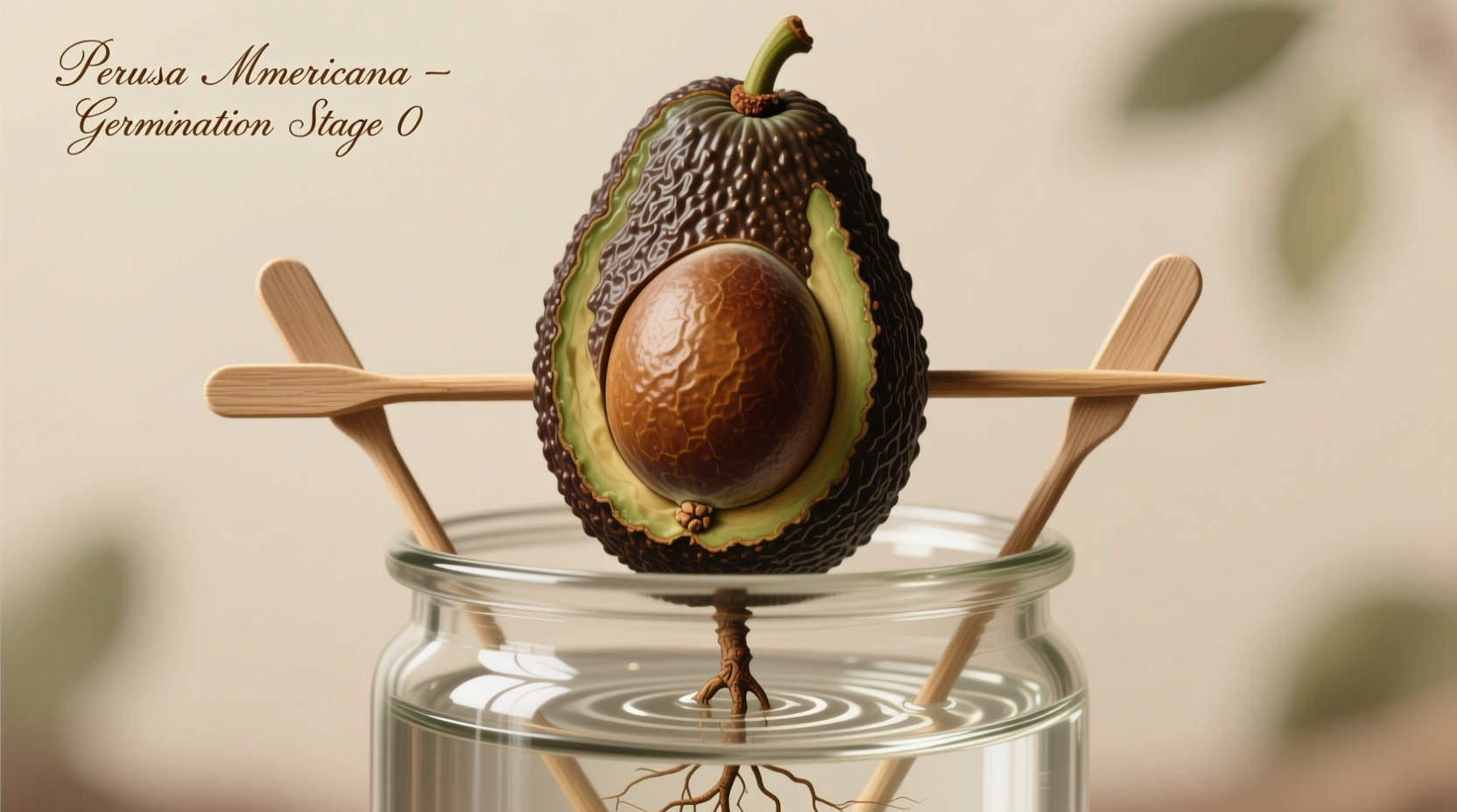 Avocado seed suspended in water with toothpicks