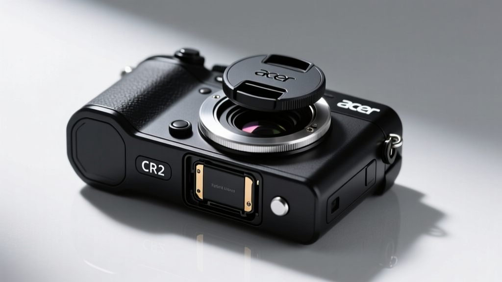 Bottom view of the Acer Gadget rangefinder highlighting the CR2 battery compartment door and magnetic mount alignment ring.