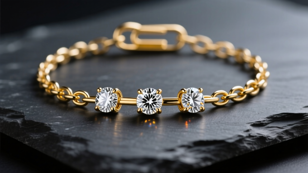 14k yellow gold paperclip chain with three bezel-set diamond charms resting on dark slate under soft lighting