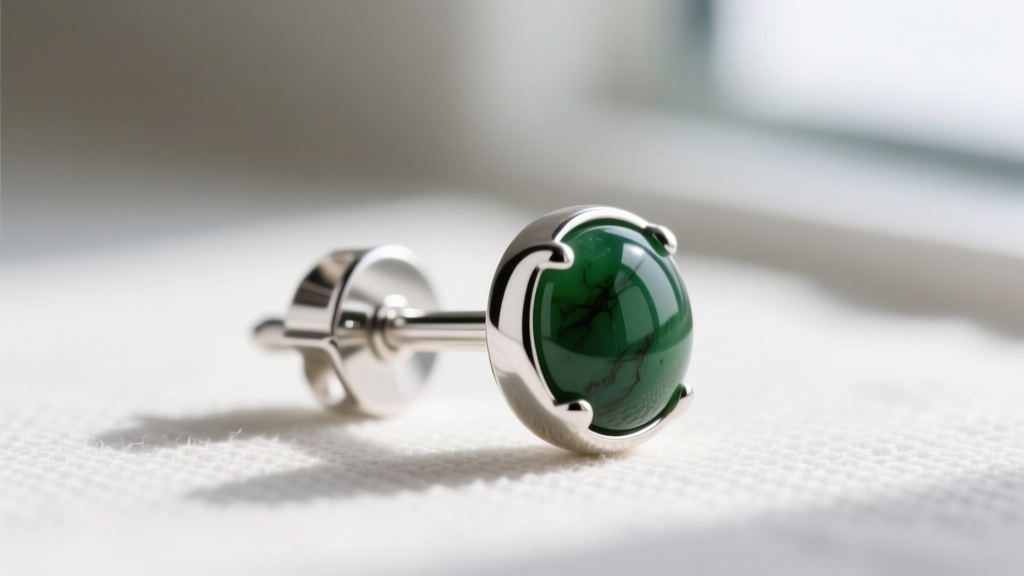 Detailed view of 20-gauge sterling silver post and friction back attached to a round, bezel-set dark green nephrite stud earring.