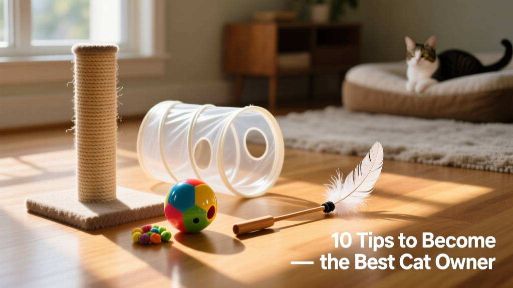 A variety of cat toys arranged neatly: a scratching post, a tunnel, a treat ball, and a feather wand on a hardwood floor