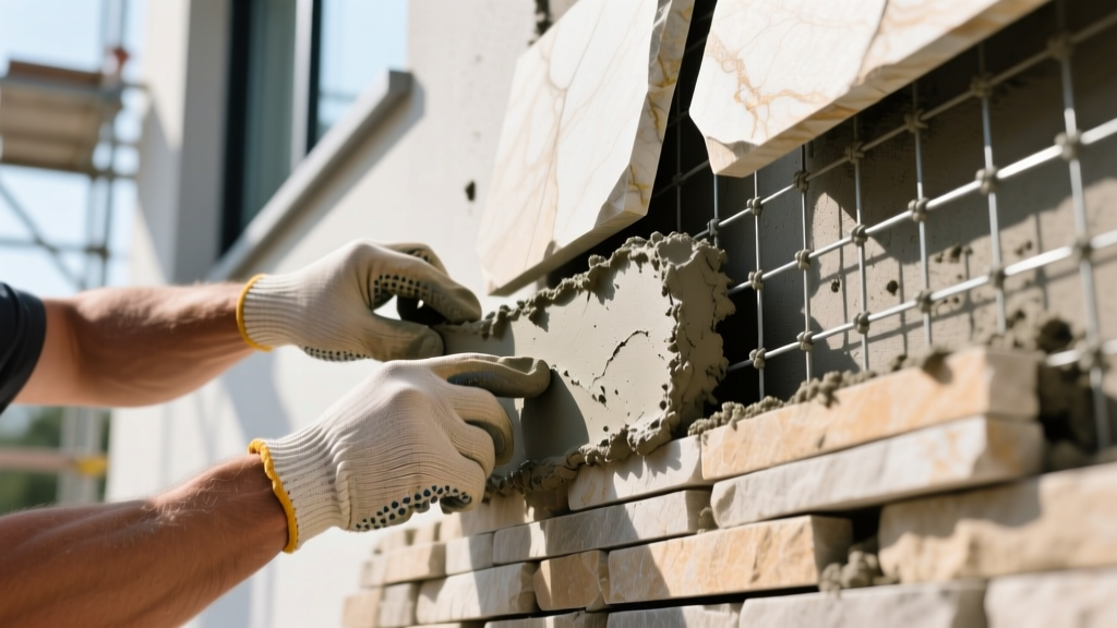 Close-up of a mason applying mortar to a wire-lath covered exterior wall before installing manufactured stacked stone veneer panels.