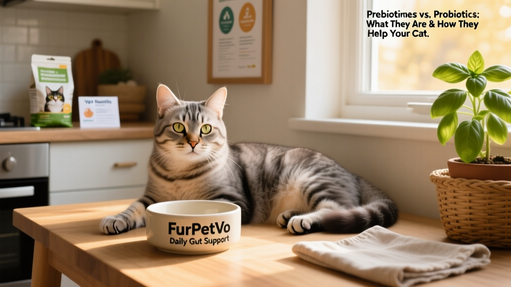 Happy cat lounging near a bowl labeled 'FurPetVo Daily Gut Support'