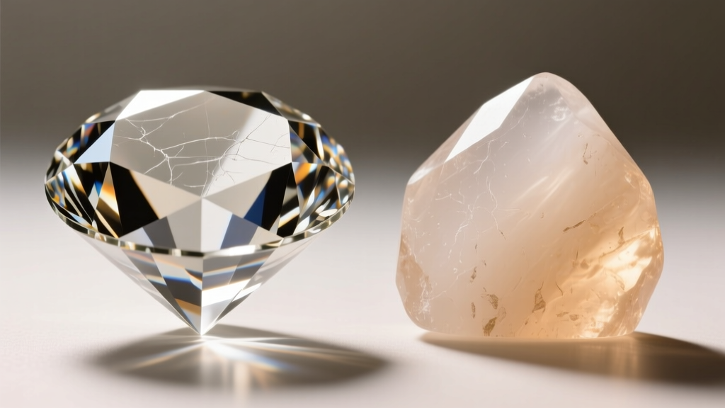 Macro comparison of faceted glass crystal edges next to softer acrylic stone under bright studio lighting showing scratches.